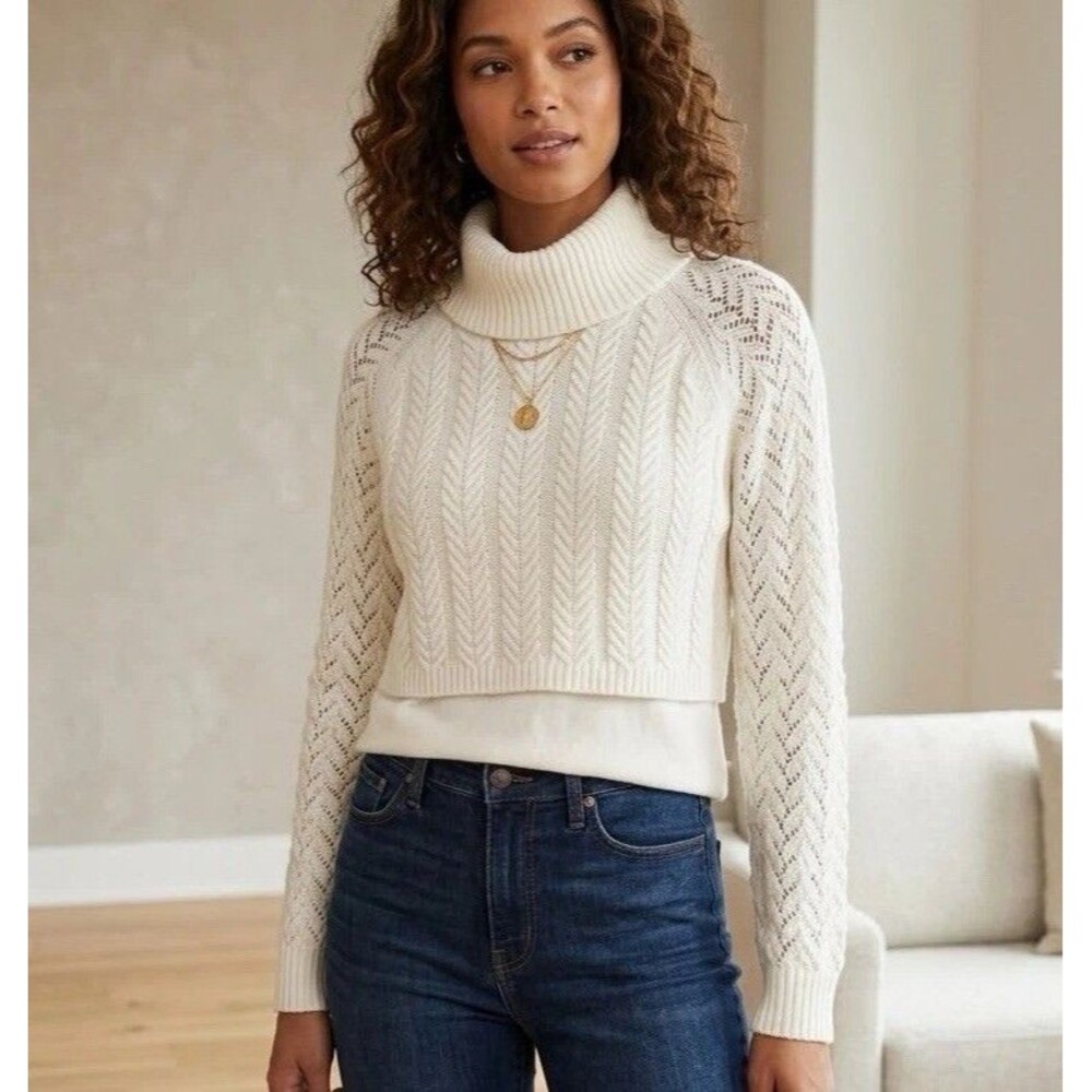 Vince Camuto Layered Look Cable Knit Cowl Neck Sweater Ivory Cream PL Petite L